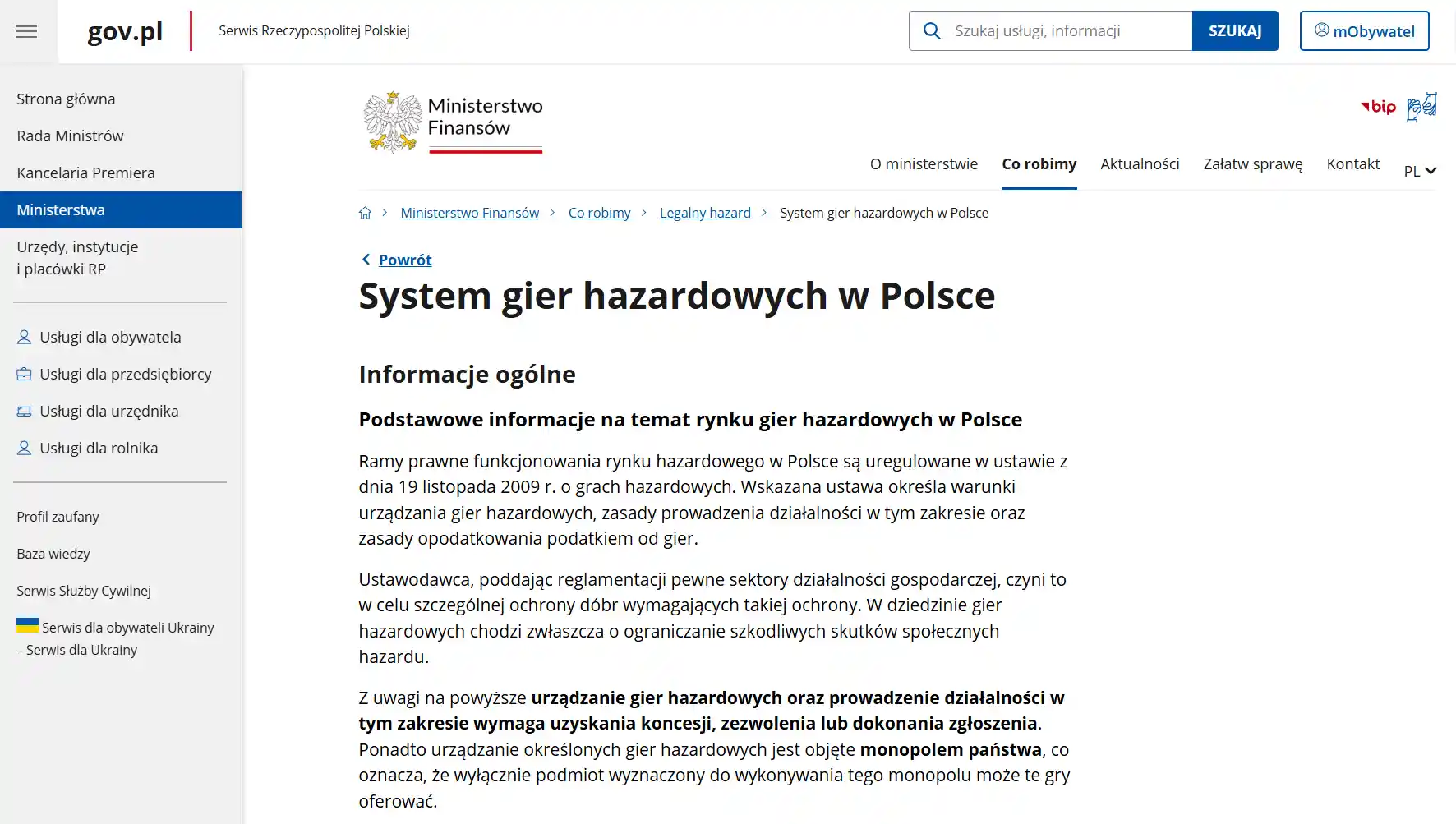 Oficjalna strona Ministerstwa Finansów o legalnych grach hazardowych przez internet